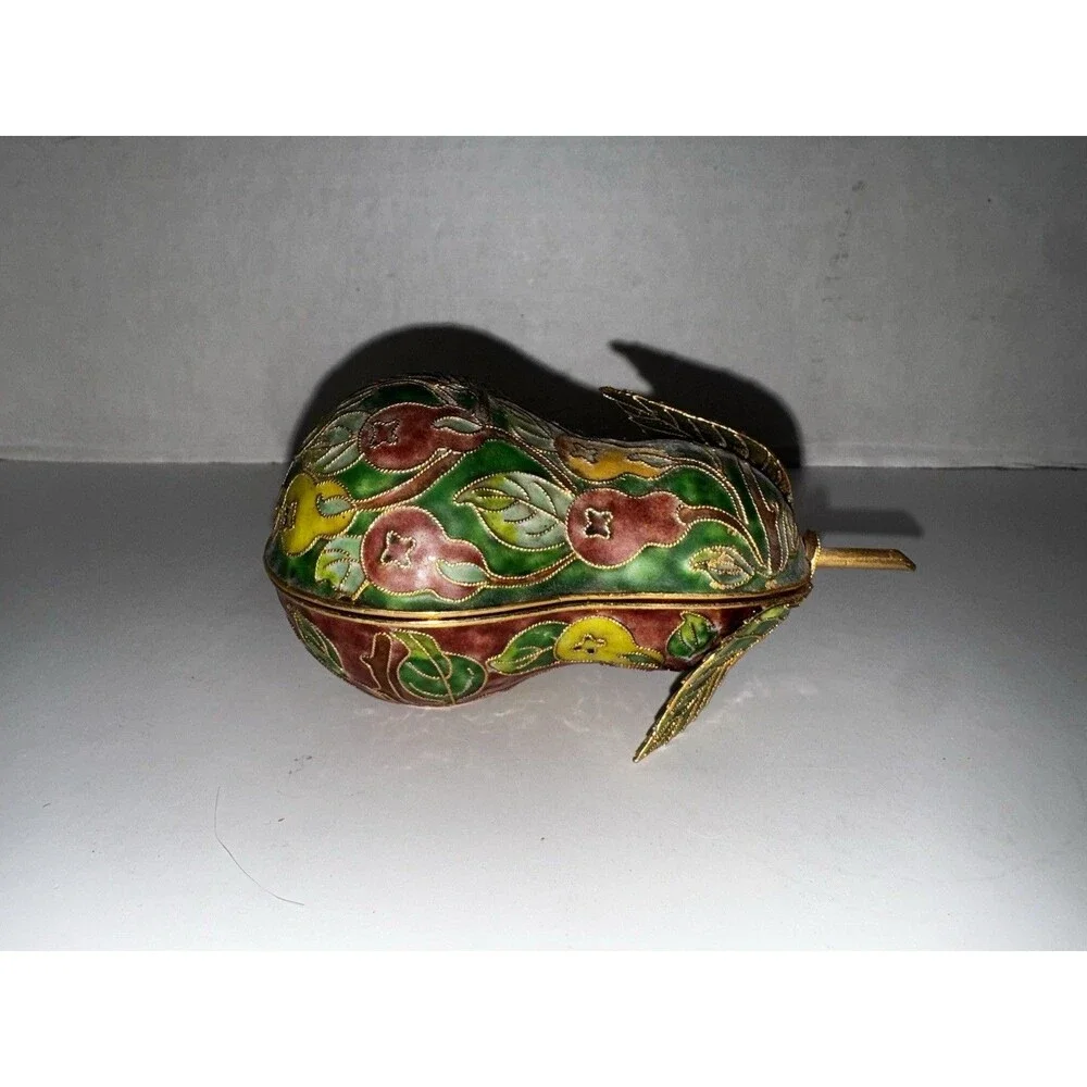Vintage Cloisonné Pear Trinket Boxes Set of 3 Brass Enamel Lift-Off Lids